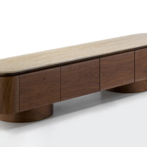 Curved Walnut tv stand with Travertine marble top