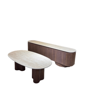 Wallnut TV Stand And Coffee Table With Travertine Top